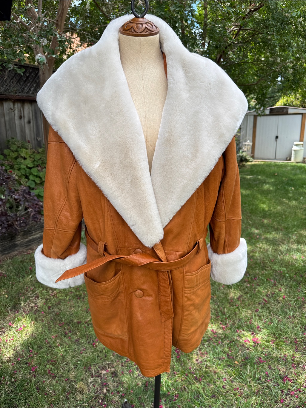 Vtg Penny Lane Wilsons Leather Jacket Cognac Faux Fur Trim Belted Women's Medium